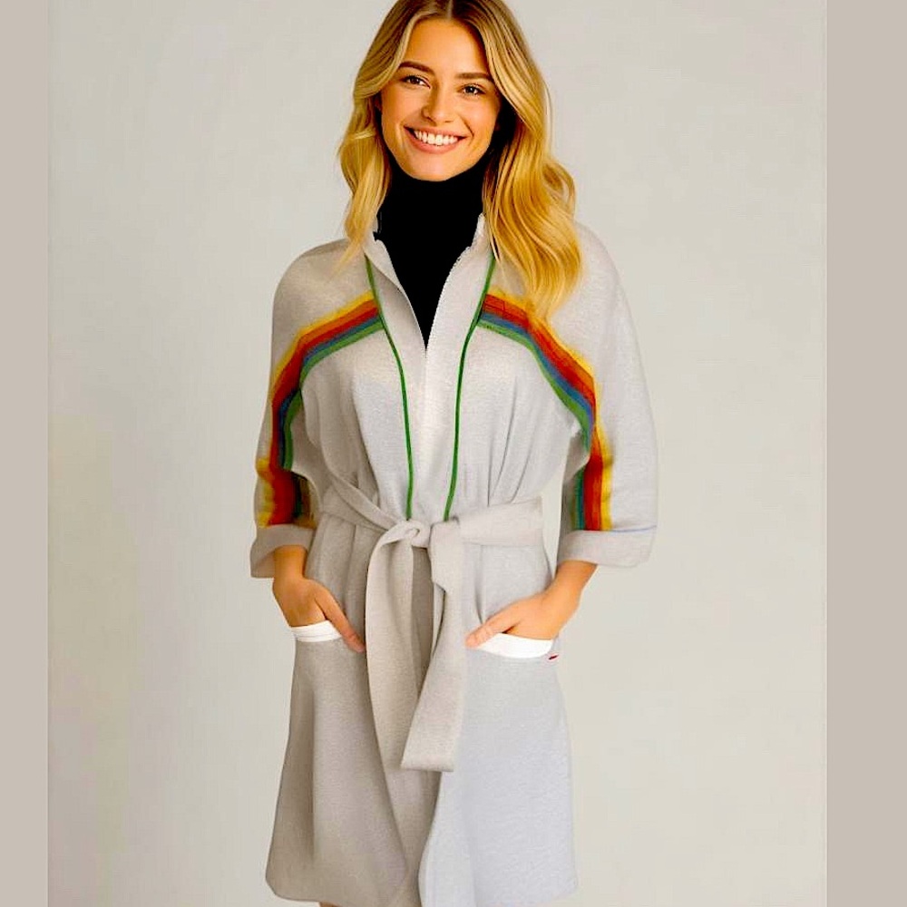 Plaza 9 Vintage Terri Cloth Short Bath Robe with Individually Sewn Rainbow Strip - Picture 1 of 11